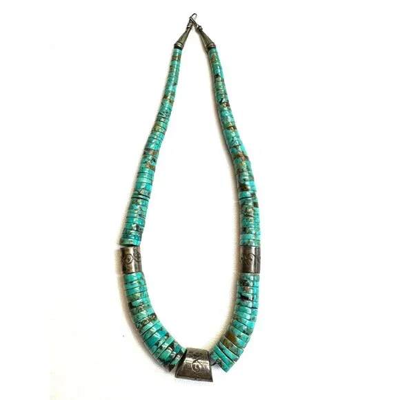 Vintage Native American Kewa Necklace Handmade Heishi Turquoise & Silver Beads - Picture 12 of 13
